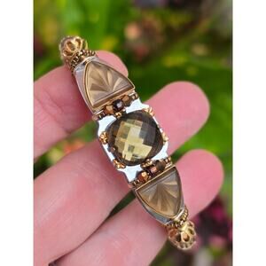 Vintage Liztech Artisan 2013 Faceted Quartz & Silver Tone Gemstone Cuff Bracelet